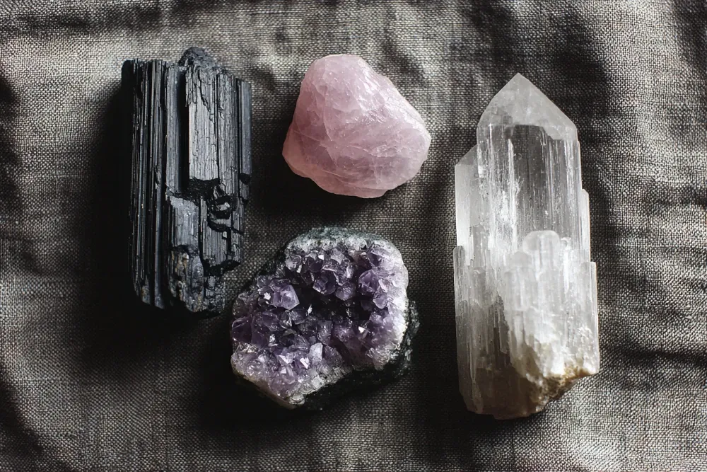 Black tourmaline crystal combinations with amethyst, rose quartz, and selenite